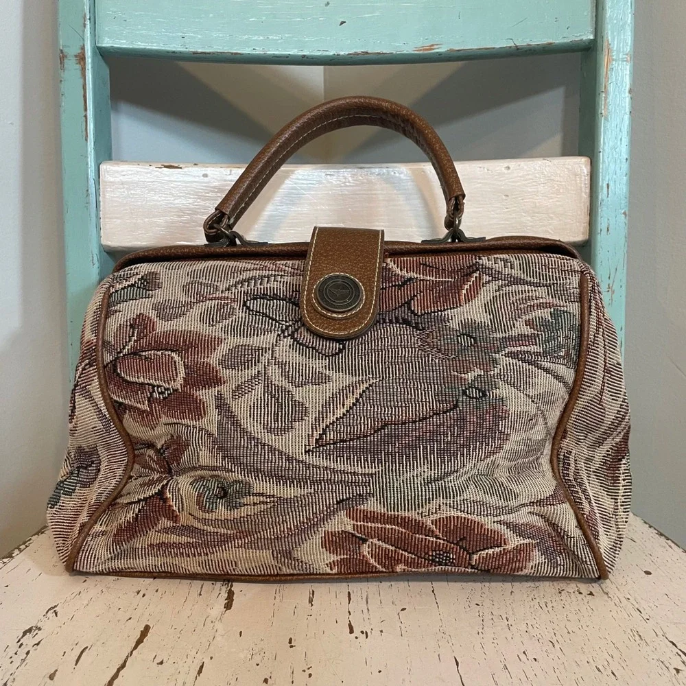 Capezio Vintage Floral Tapestry Purse Brown Faux‎ Leather Satchel Handbag Floral